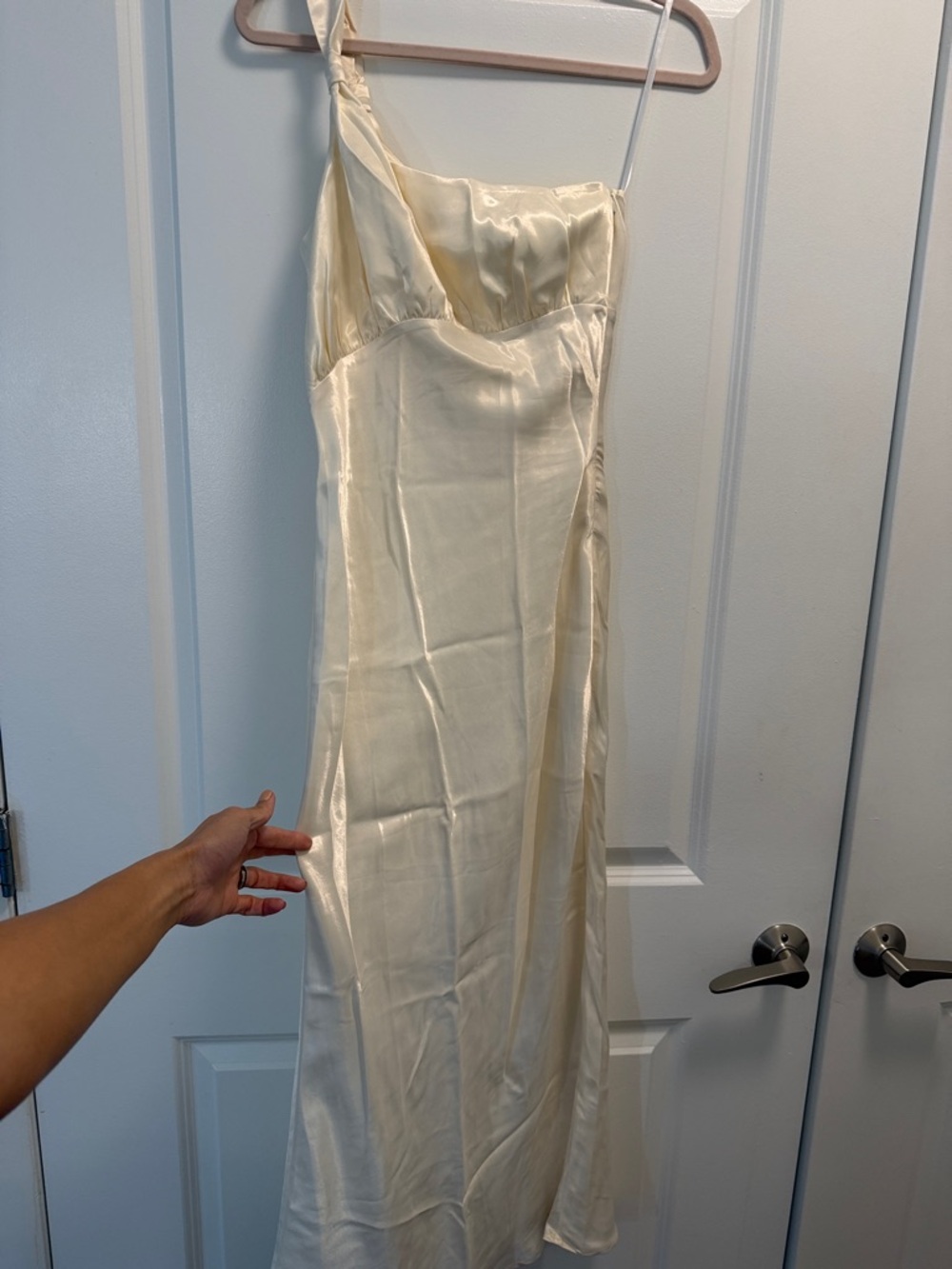 REVOLVE One-Shoulder Satin Slip Dress in Ivory